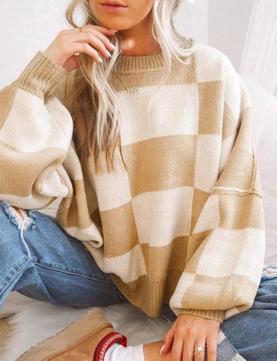 Women's Oversized Checked Knitted Jumper Soft Cosy Knitwear