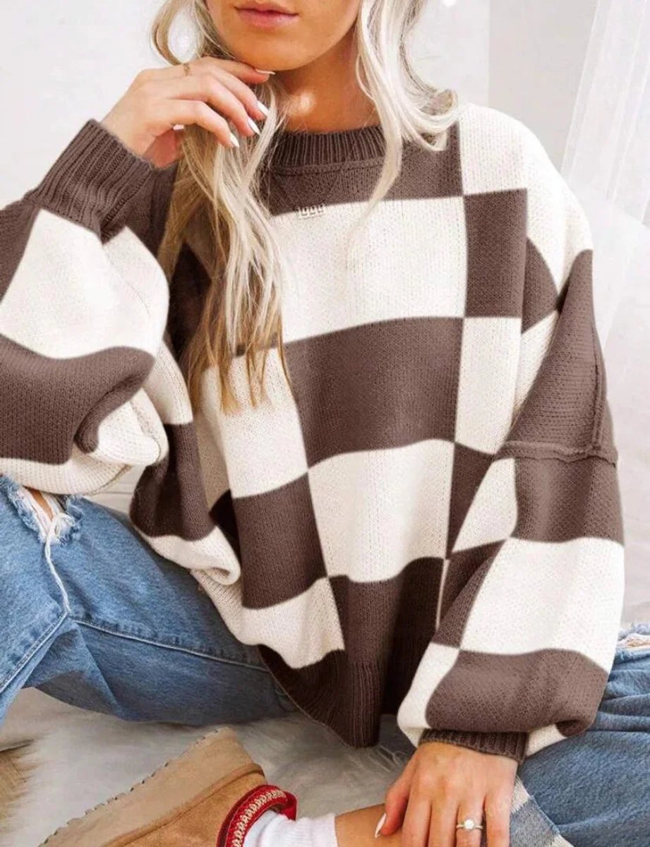 Women's Oversized Checked Knitted Jumper Soft Cosy Knitwear