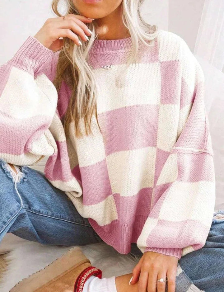 Women's Oversized Checked Knitted Jumper Soft Cosy Knitwear