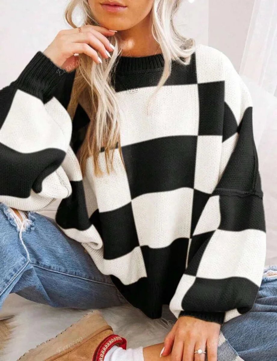 Women's Oversized Checked Knitted Jumper Soft Cosy Knitwear