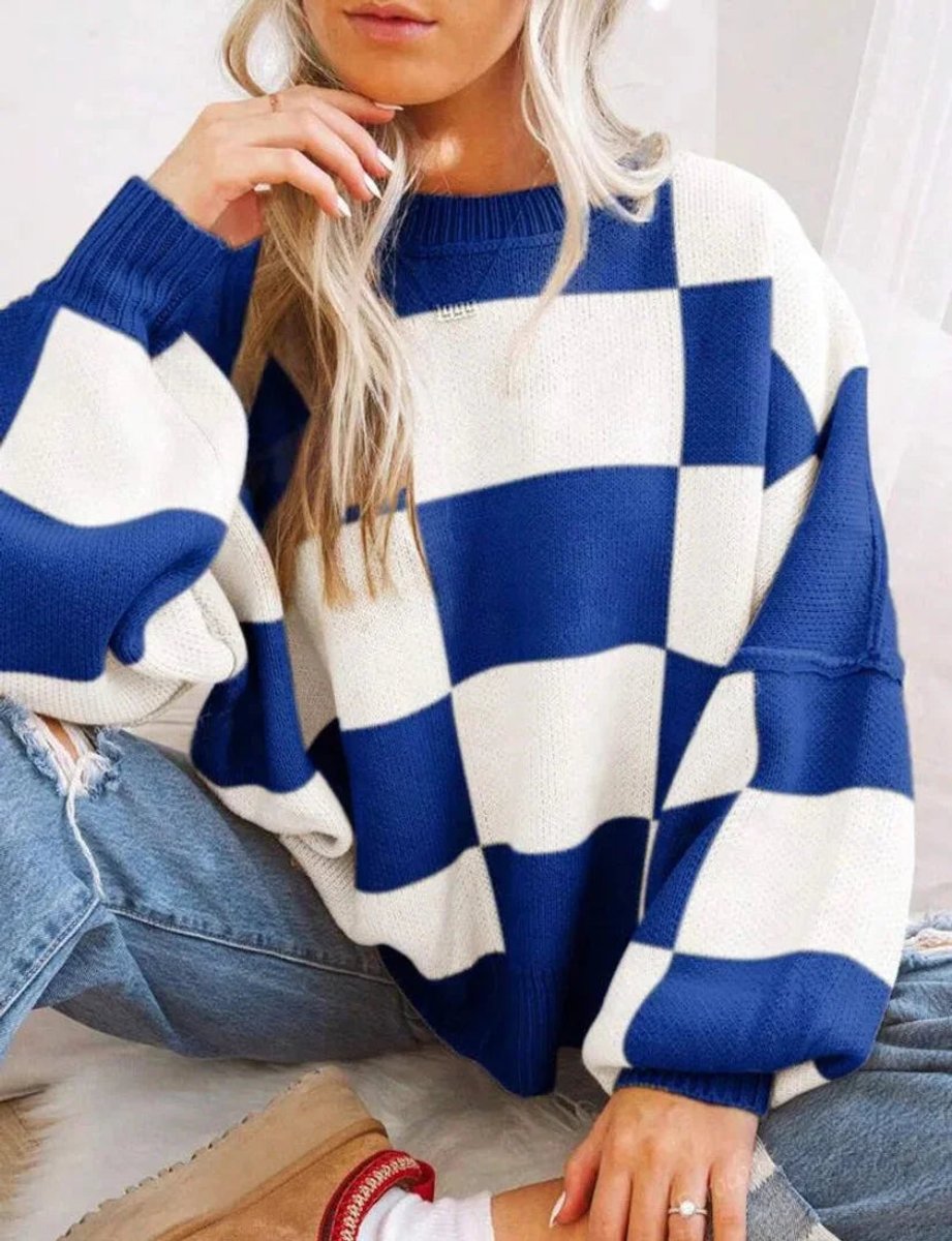 Women's Oversized Checked Knitted Jumper Soft Cosy Knitwear