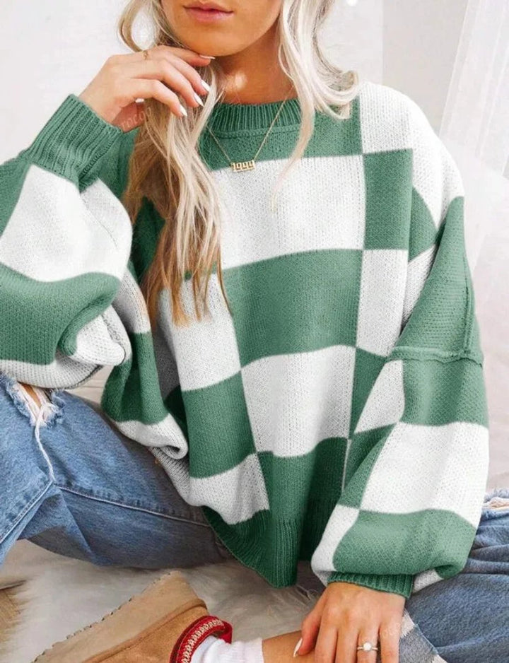 Women's Oversized Checked Knitted Jumper Soft Cosy Knitwear