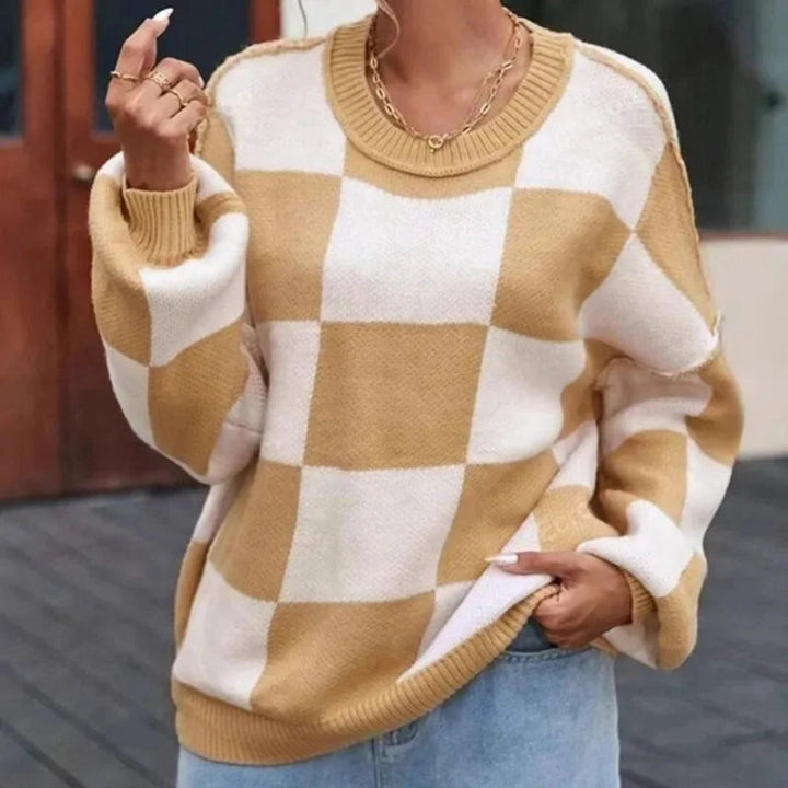 Women's Oversized Checked Knitted Jumper Soft Cosy Knitwear
