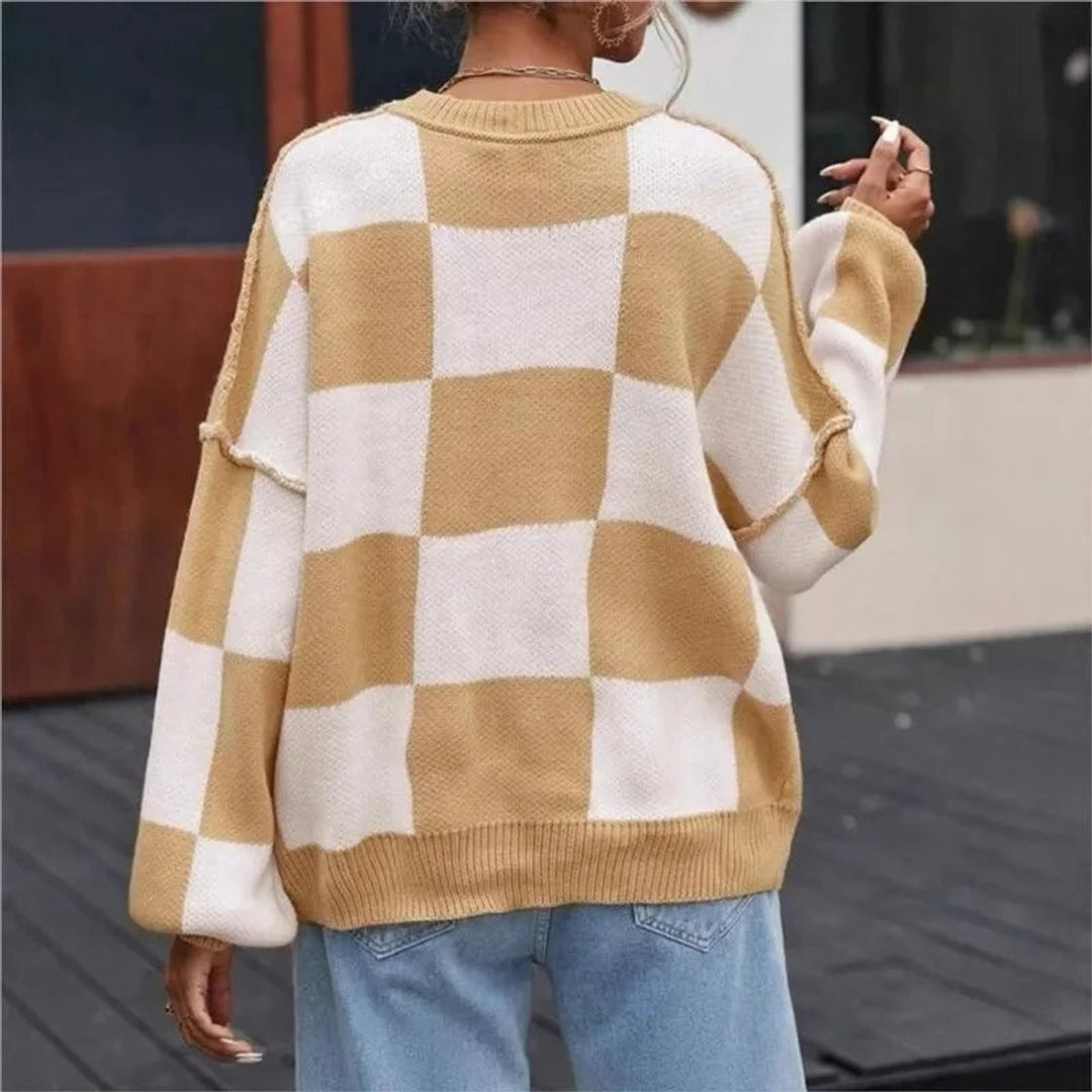 Women's Oversized Checked Knitted Jumper Soft Cosy Knitwear