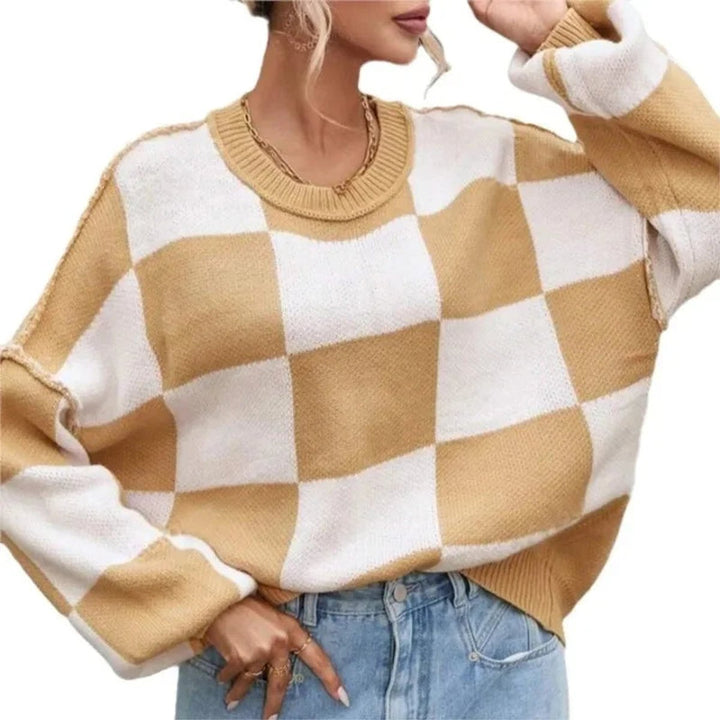 Women's Oversized Checked Knitted Jumper Soft Cosy Knitwear
