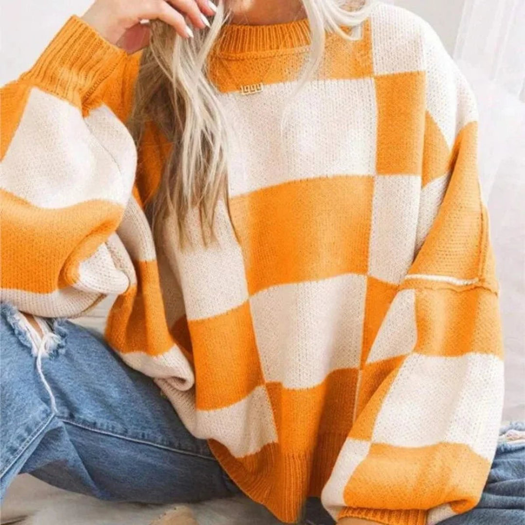 Women's Oversized Checked Knitted Jumper Soft Cosy Knitwear