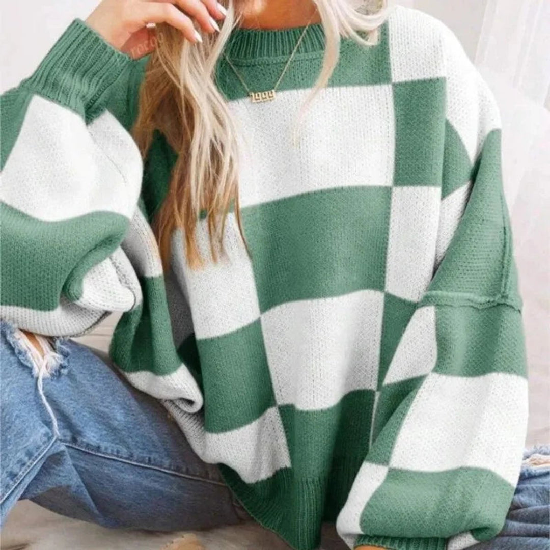 Women's Oversized Checked Knitted Jumper Soft Cosy Knitwear