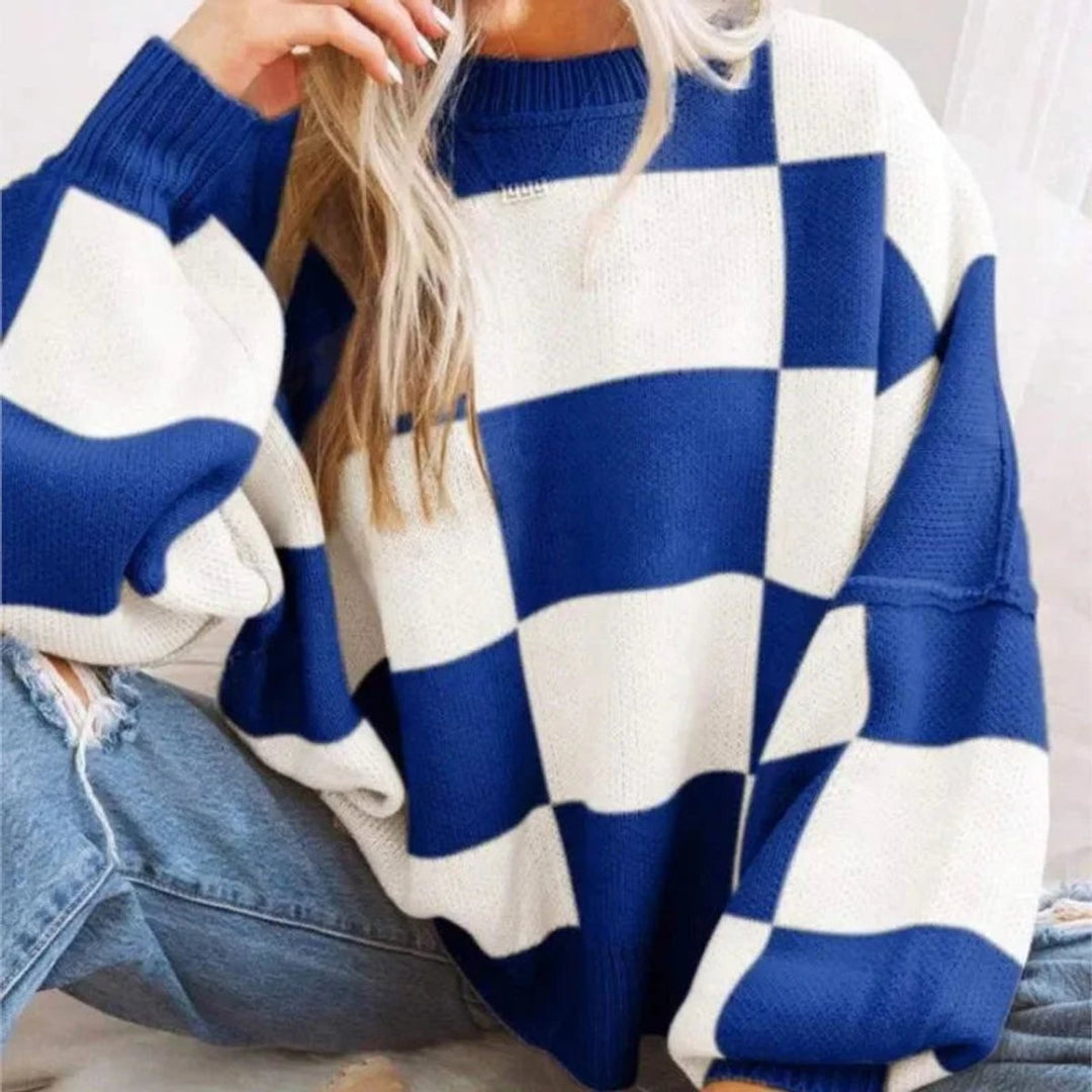 Women's Oversized Checked Knitted Jumper Soft Cosy Knitwear