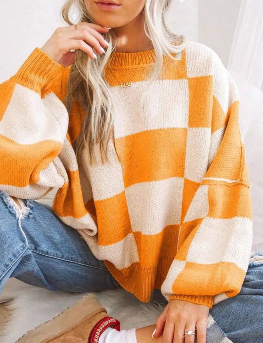 Women's Oversized Checked Knitted Jumper Soft Cosy Knitwear