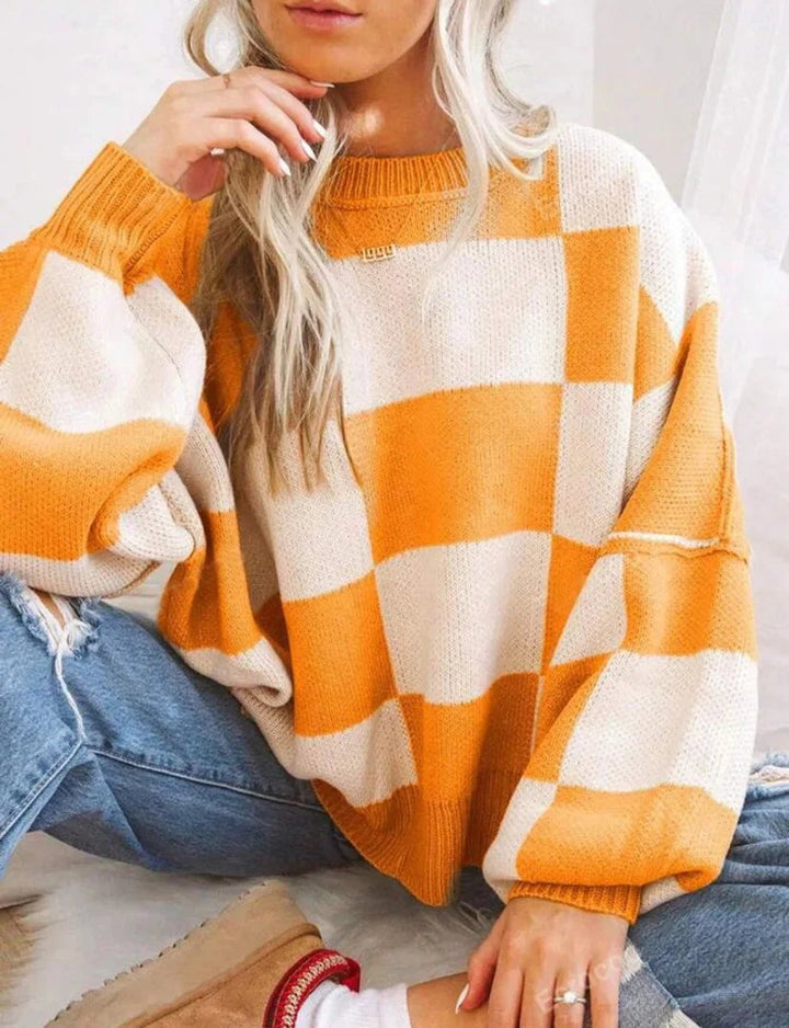 Women's Oversized Checked Knitted Jumper Soft Cosy Knitwear