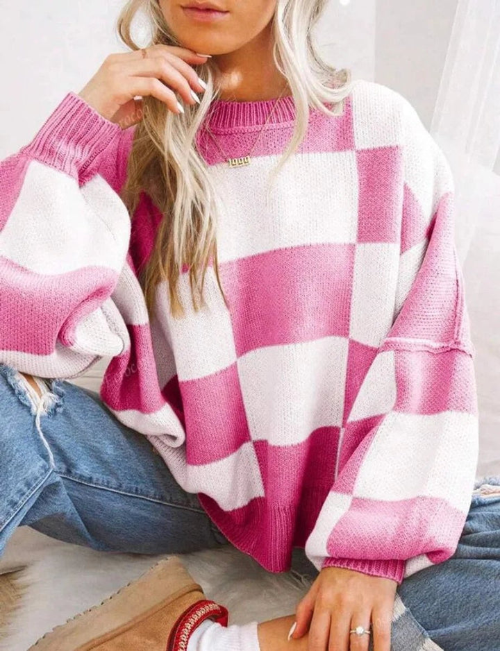 Women's Oversized Checked Knitted Jumper Soft Cosy Knitwear