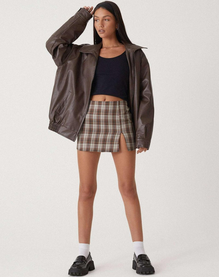 Women's Oversized Faux Leather Bomber Coat Chocolate Brown
