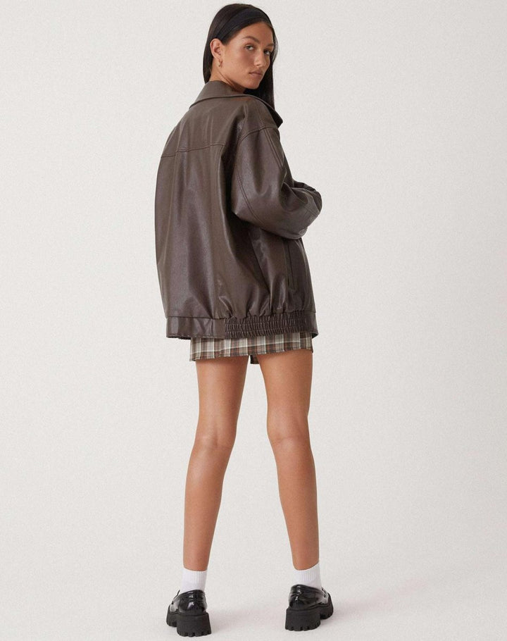 Women's Oversized Faux Leather Bomber Coat Chocolate Brown