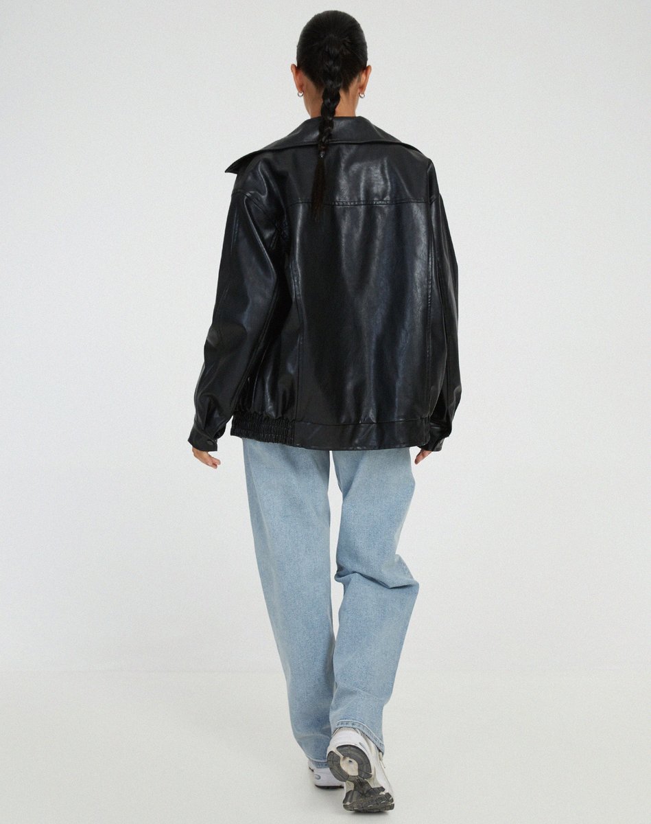 Women's Oversized Faux Leather Bomber Coat Chocolate Brown