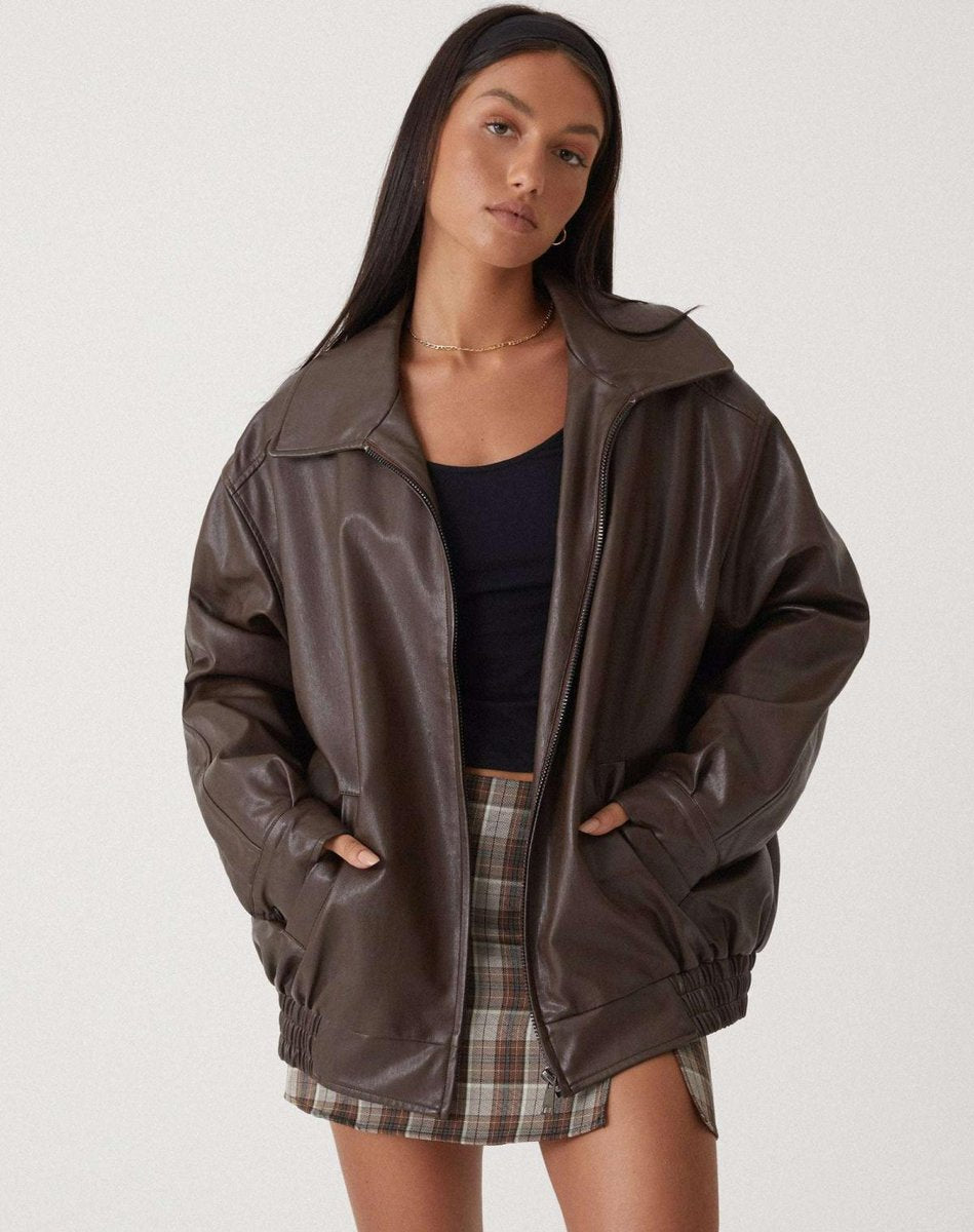 Women's Oversized Faux Leather Bomber Coat Chocolate Brown