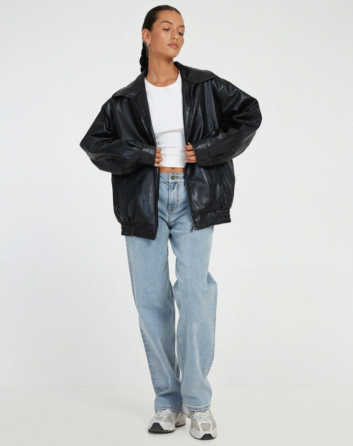 Women's Oversized Faux Leather Bomber Coat Chocolate Brown