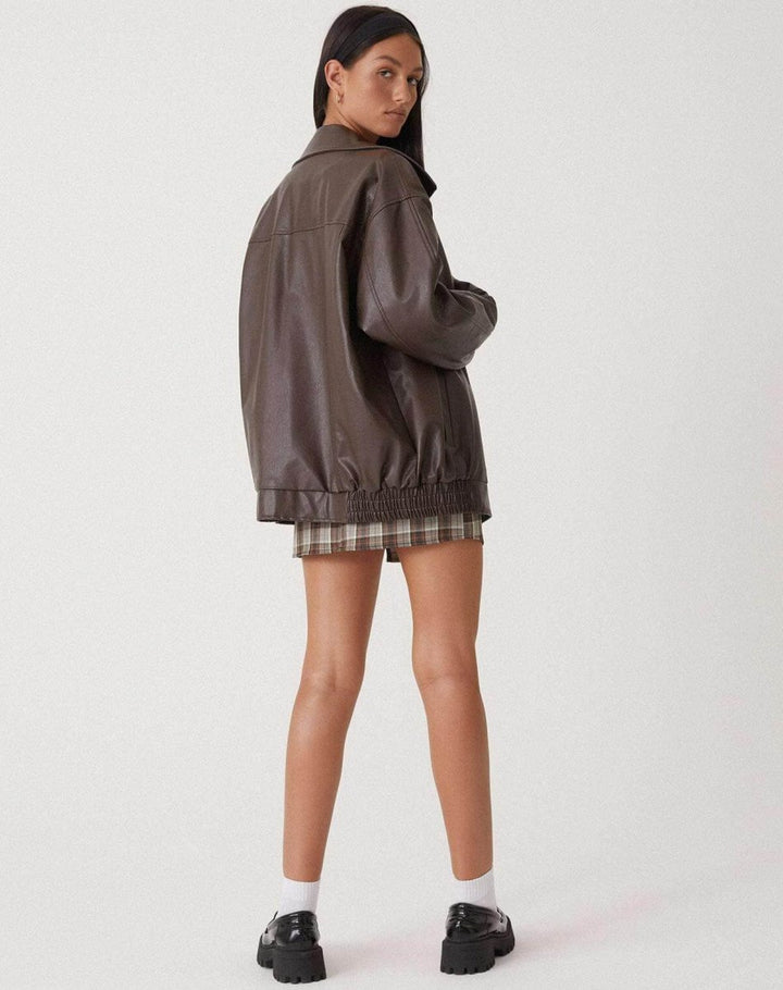 Women's Oversized Faux Leather Ladies Puffer Jacket Zip-Up Coat