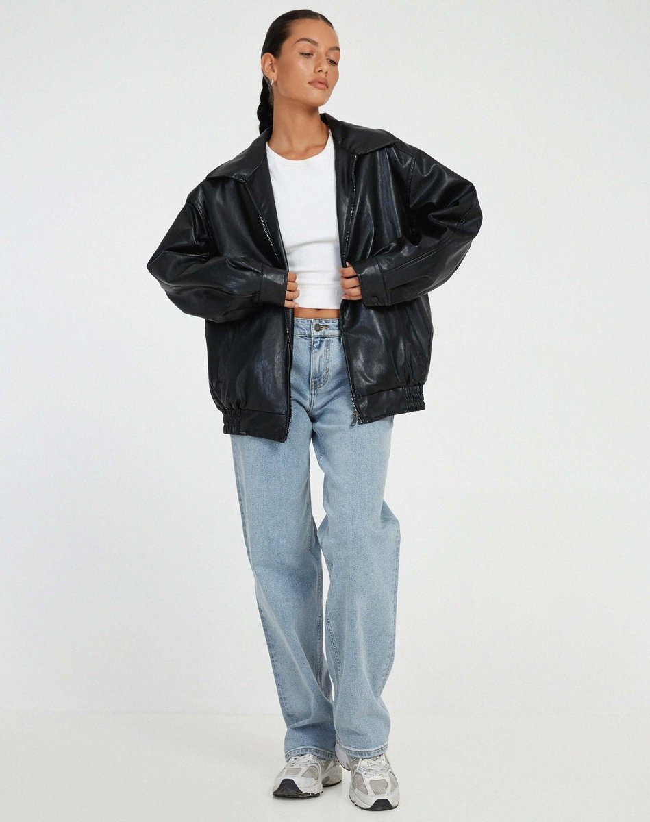 Women's Oversized Faux Leather Ladies Puffer Jacket Zip-Up Coat