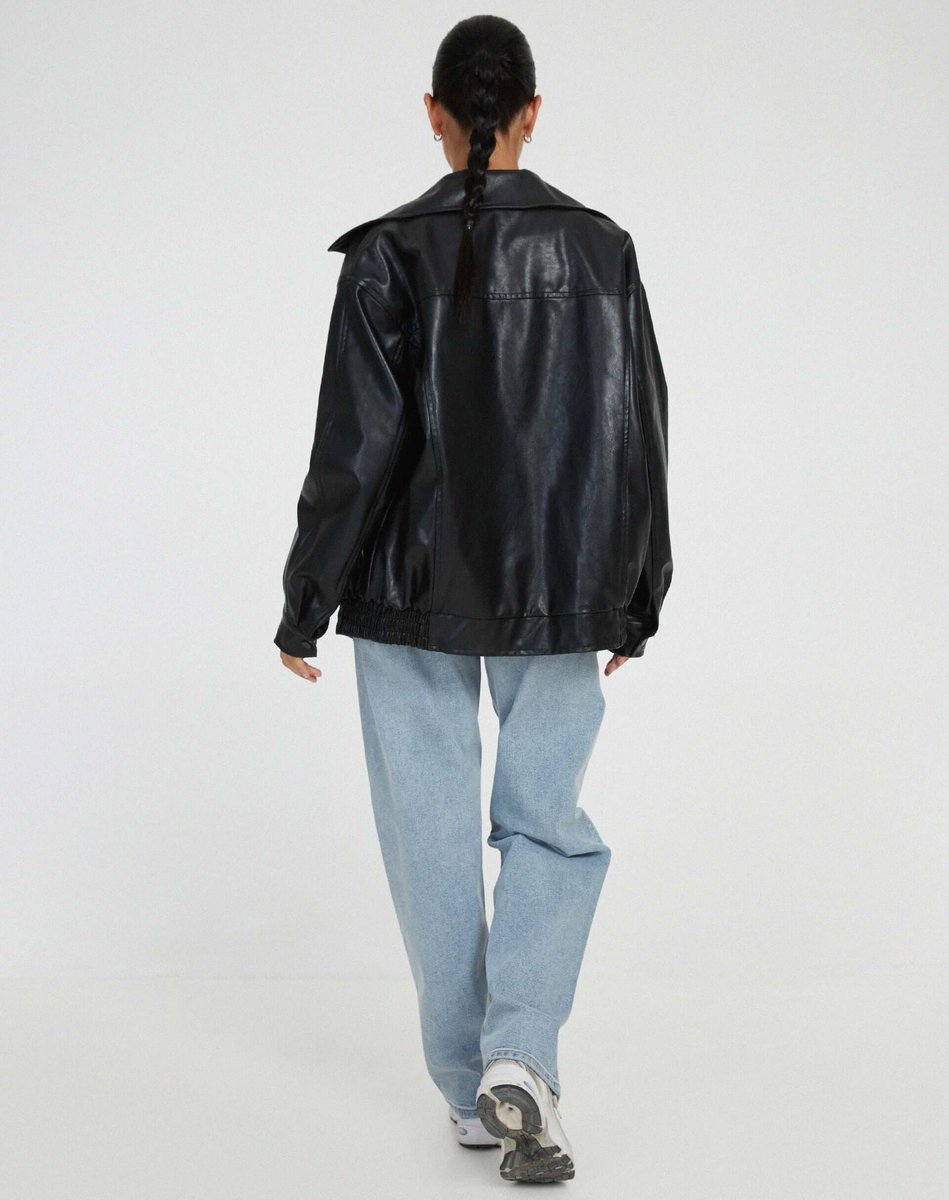 Women's Oversized Faux Leather Ladies Puffer Jacket Zip-Up Coat