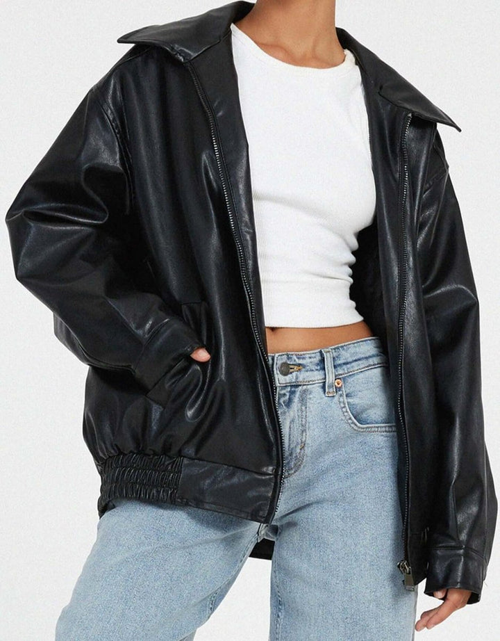 Women's Oversized Faux Leather Ladies Puffer Jacket Zip-Up Coat