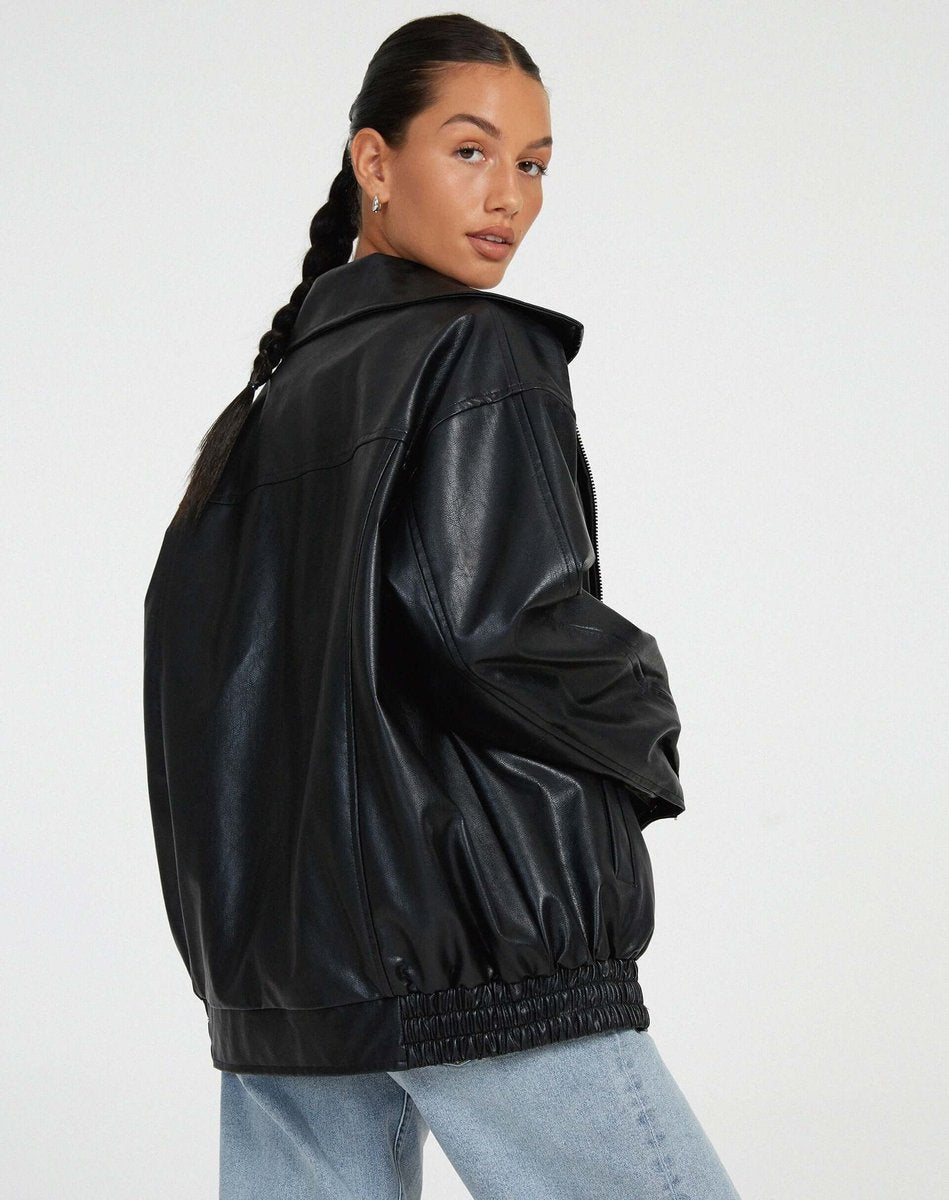 Women's Oversized Faux Leather Ladies Puffer Jacket Zip-Up Coat