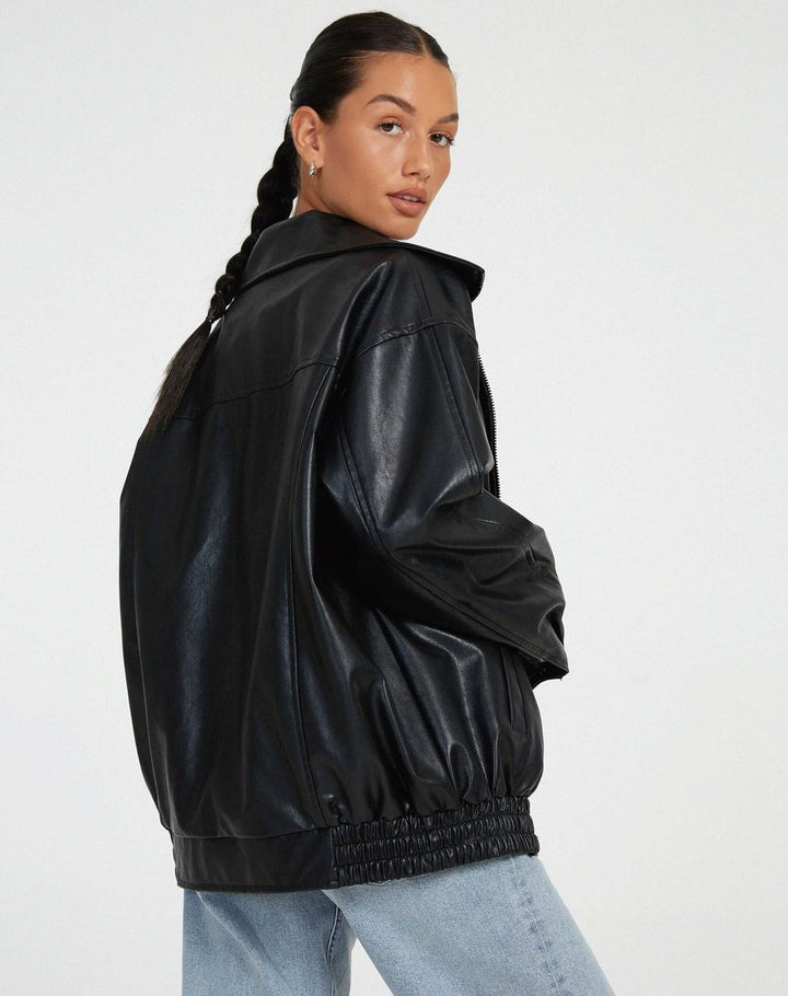 Women's Oversized Faux Leather Ladies Puffer Jacket Zip-Up Coat