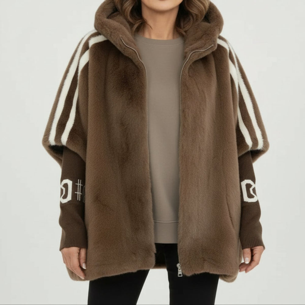 Women's Oversized Hooded Faux Fur Coat Ribbed Knit Sleeve