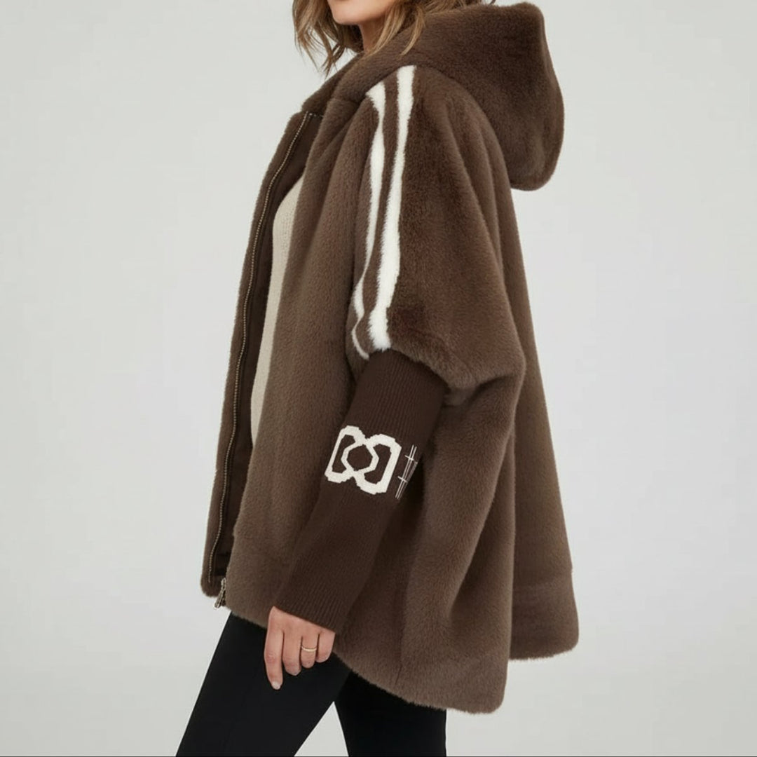 Women's Oversized Hooded Faux Fur Coat Ribbed Knit Sleeve