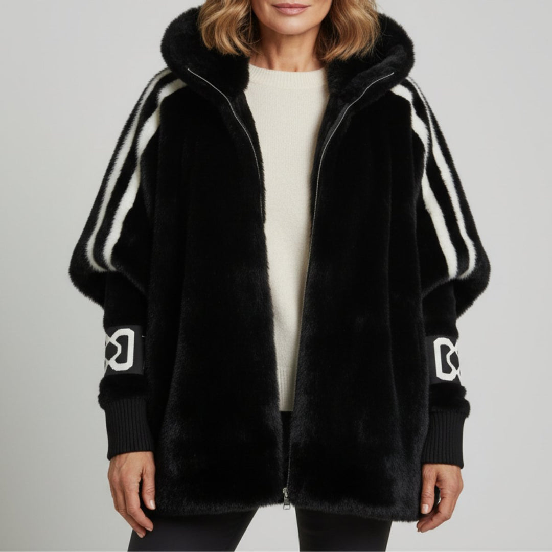 Women's Oversized Hooded Faux Fur Coat Ribbed Knit Sleeve