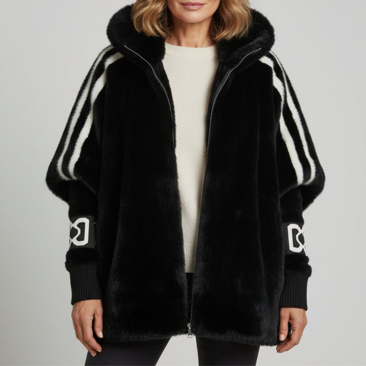Women's Oversized Hooded Faux Fur Coat Ribbed Knit Sleeve