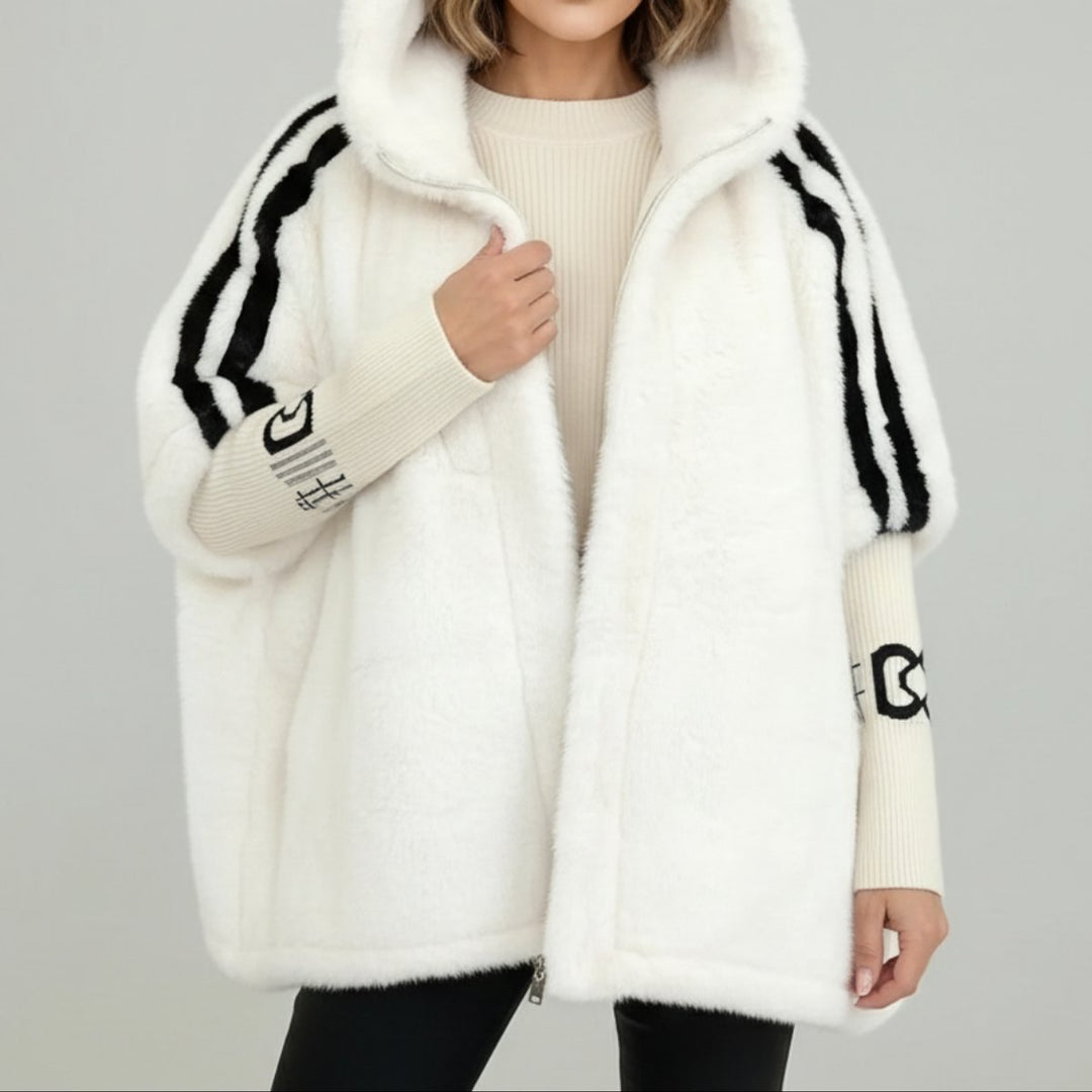Women's Oversized Hooded Faux Fur Coat Ribbed Knit Sleeve