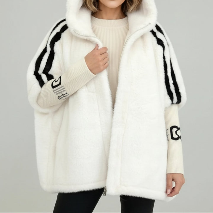 Women's Oversized Hooded Faux Fur Coat Ribbed Knit Sleeve
