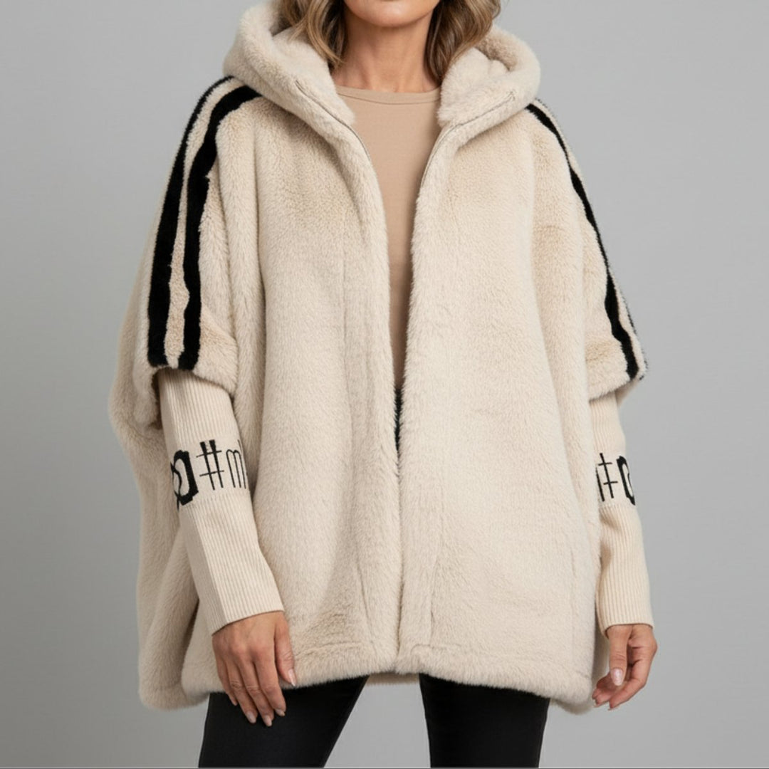 Women's Oversized Hooded Faux Fur Coat Ribbed Knit Sleeve
