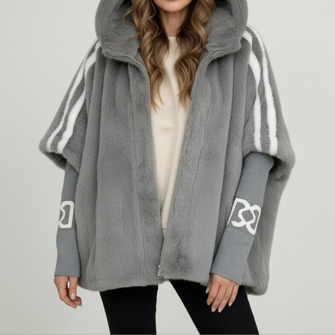 Women's Oversized Hooded Faux Fur Coat Ribbed Knit Sleeve