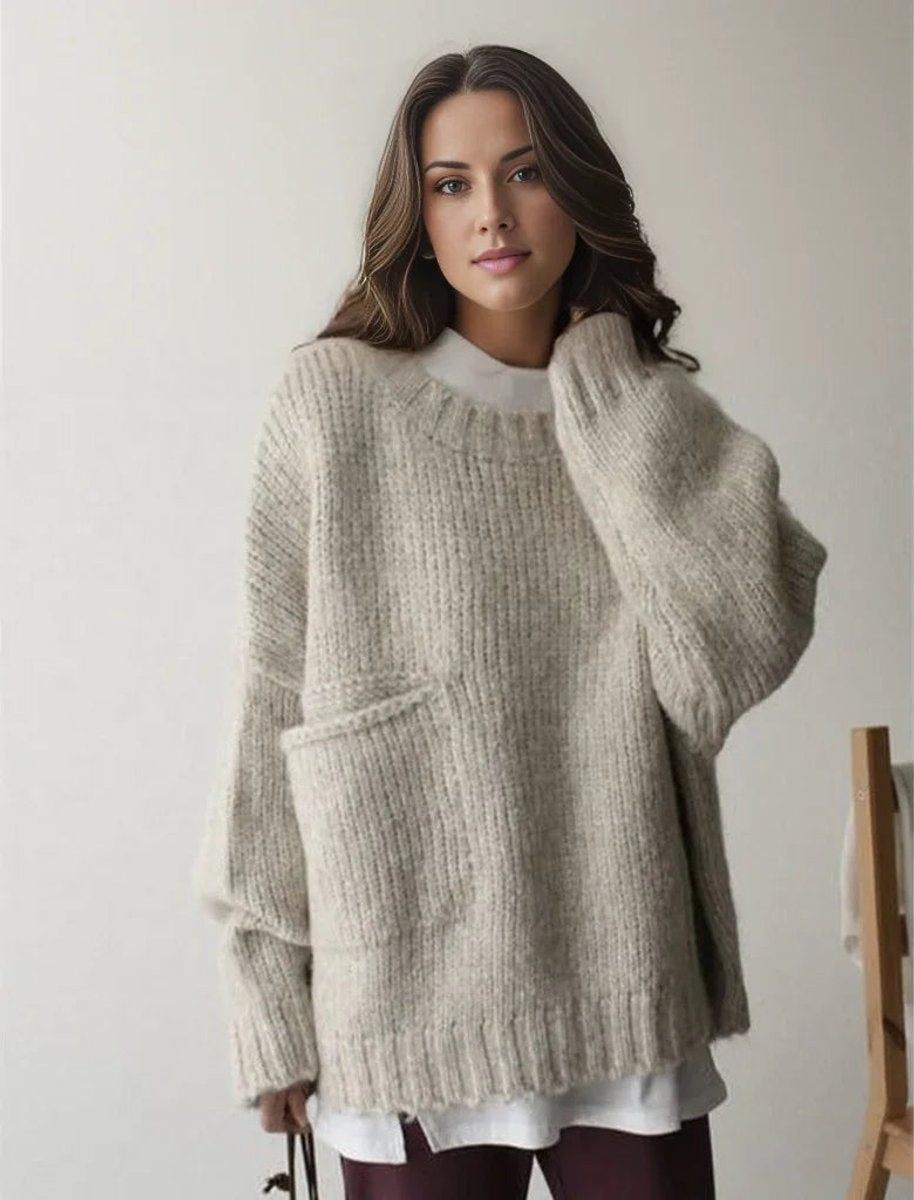 Women's Oversized Knitted Jumper Chunky Ribbed Pocket Pullover