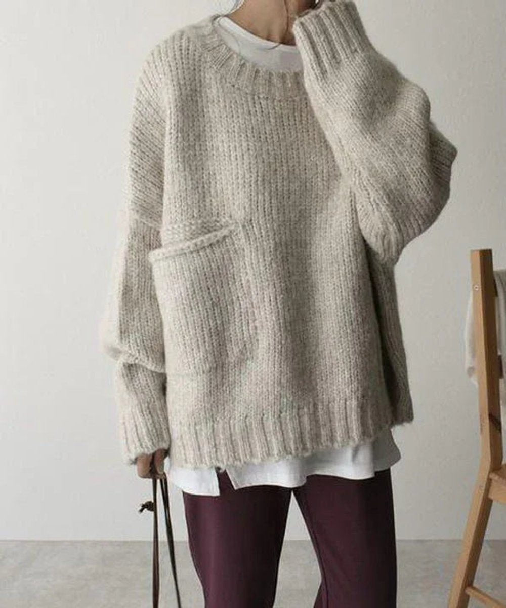 Women's Oversized Knitted Jumper Chunky Ribbed Pocket Pullover