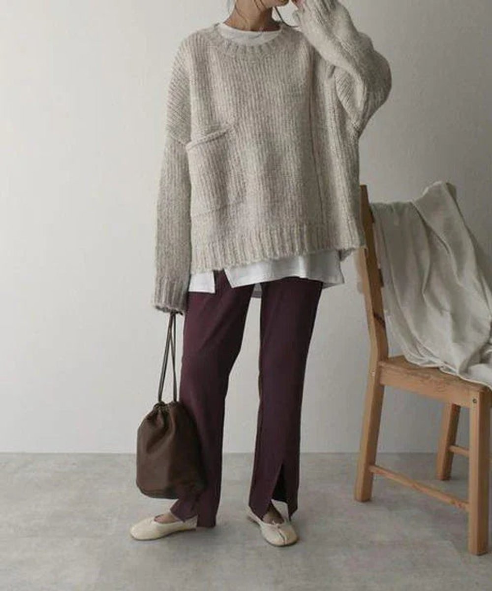 Women's Oversized Knitted Jumper Chunky Ribbed Pocket Pullover