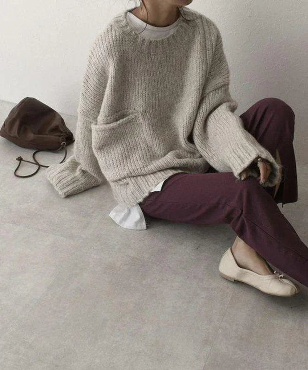 Women's Oversized Knitted Jumper Chunky Ribbed Pocket Pullover