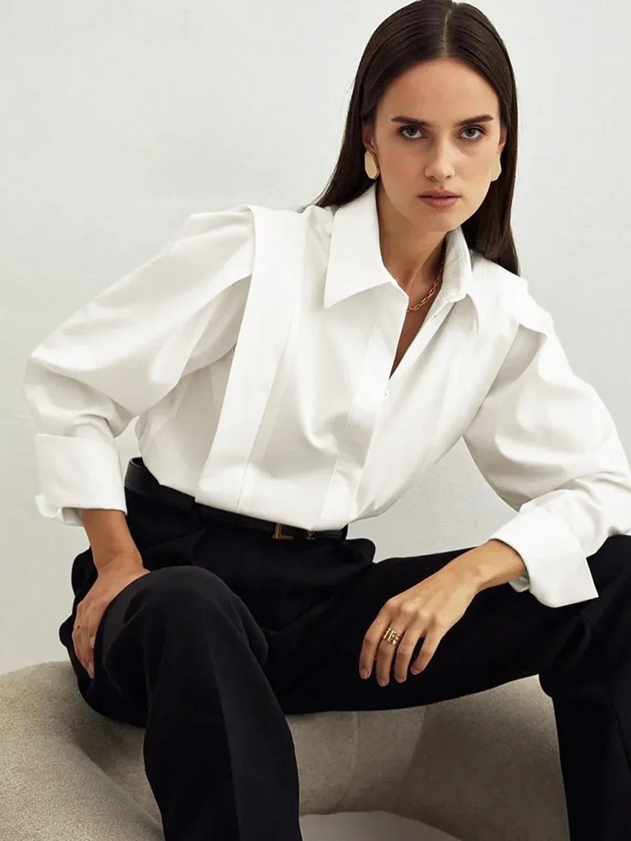 Women's Oversized Long-Sleeve Blouse Button-Up Satin Shirt