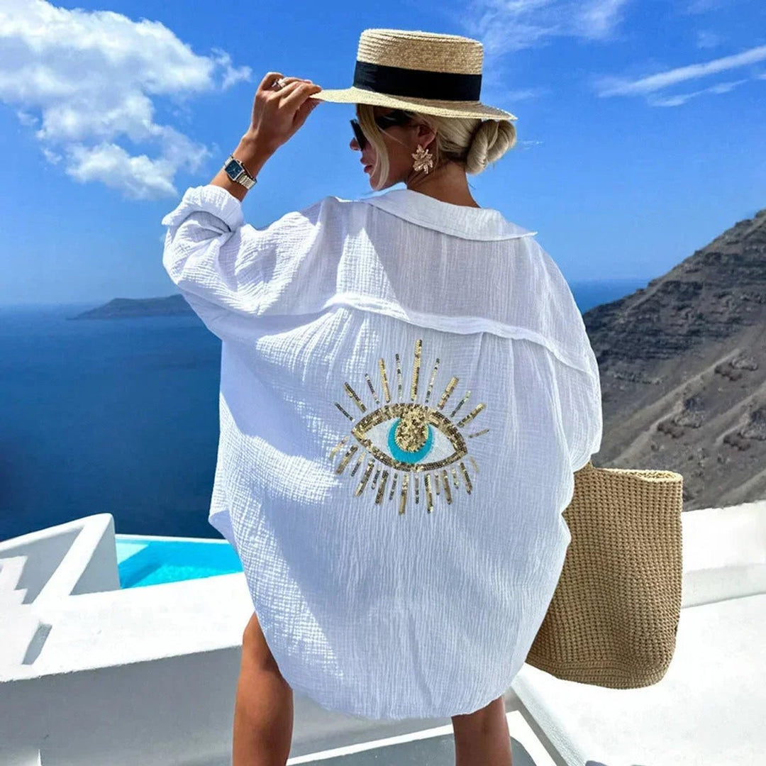 Women's Oversized Long-Sleeve Blouse Sequin Eye Embroidered