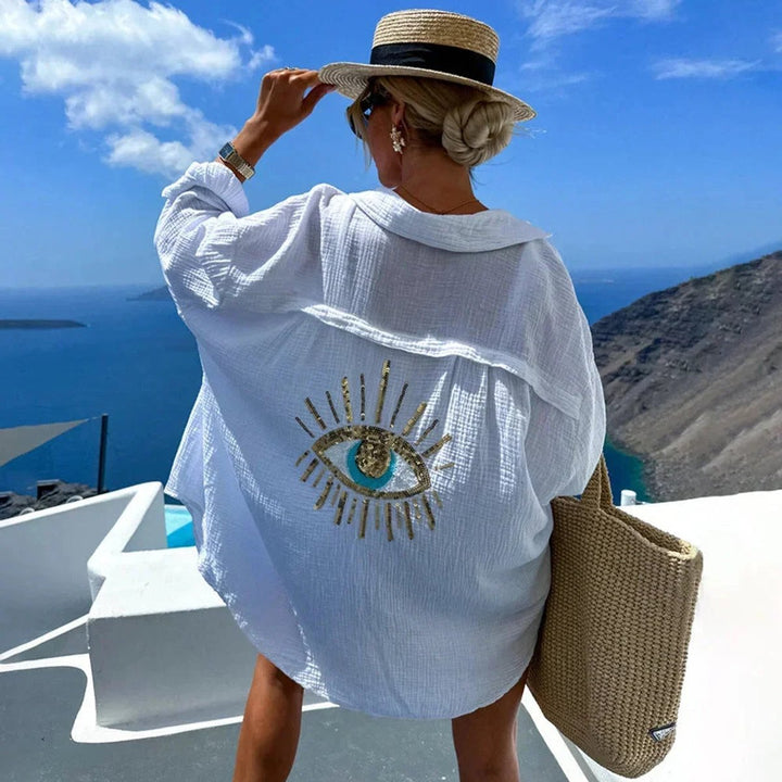 Women's Oversized Long-Sleeve Blouse Sequin Eye Embroidered