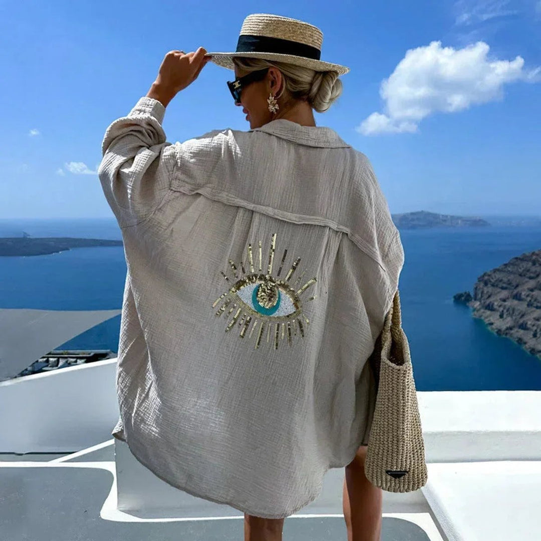 Women's Oversized Long-Sleeve Blouse Sequin Eye Embroidered