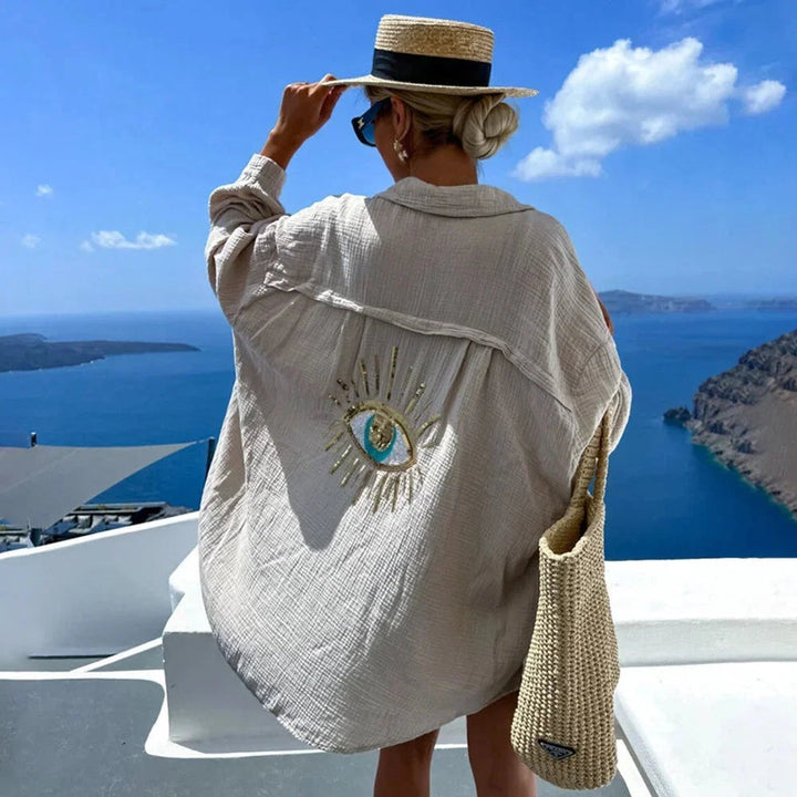 Women's Oversized Long-Sleeve Blouse Sequin Eye Embroidered