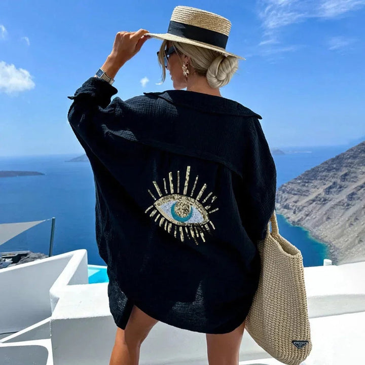 Women's Oversized Long-Sleeve Blouse Sequin Eye Embroidered