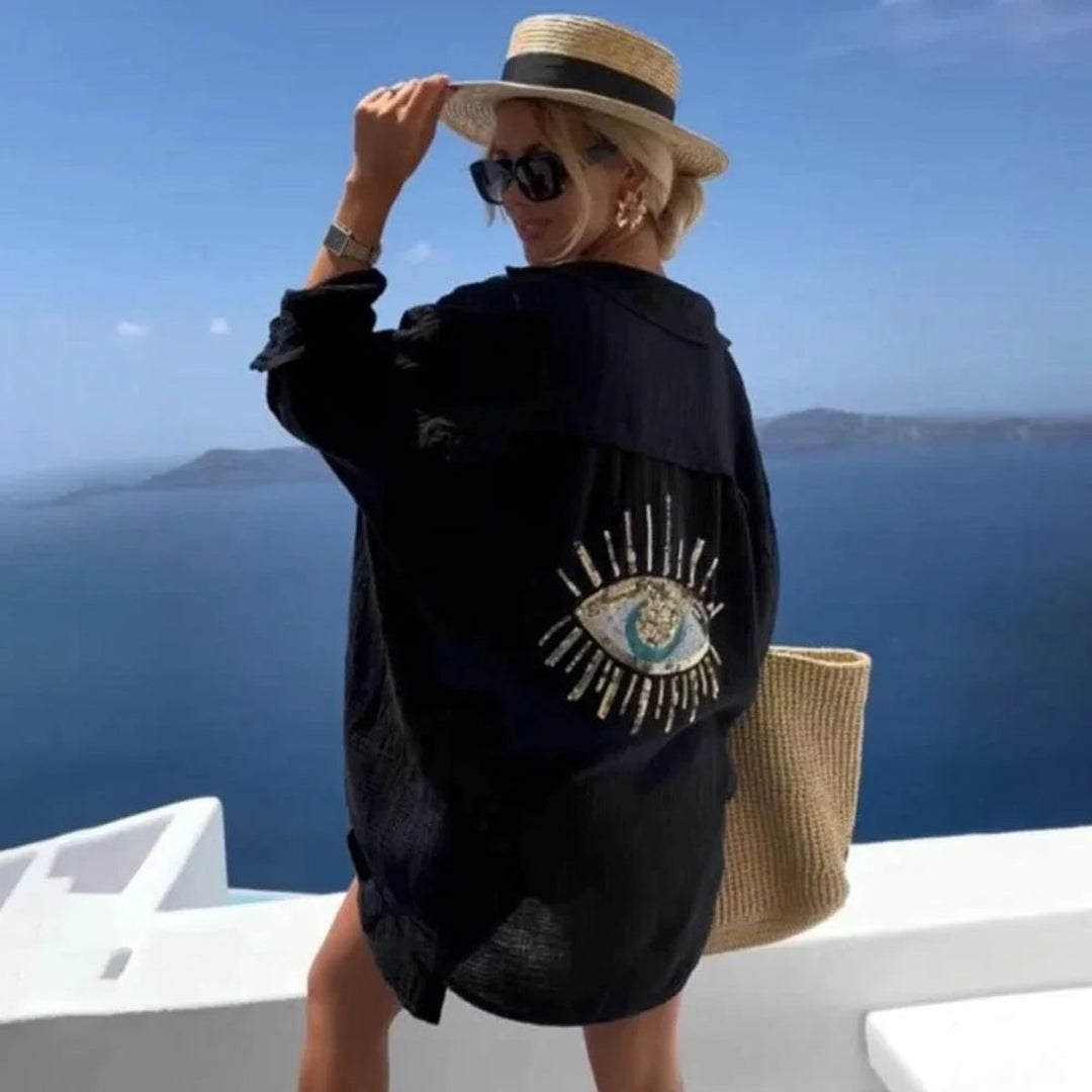 Women's Oversized Long-Sleeve Blouse Sequin Eye Embroidered