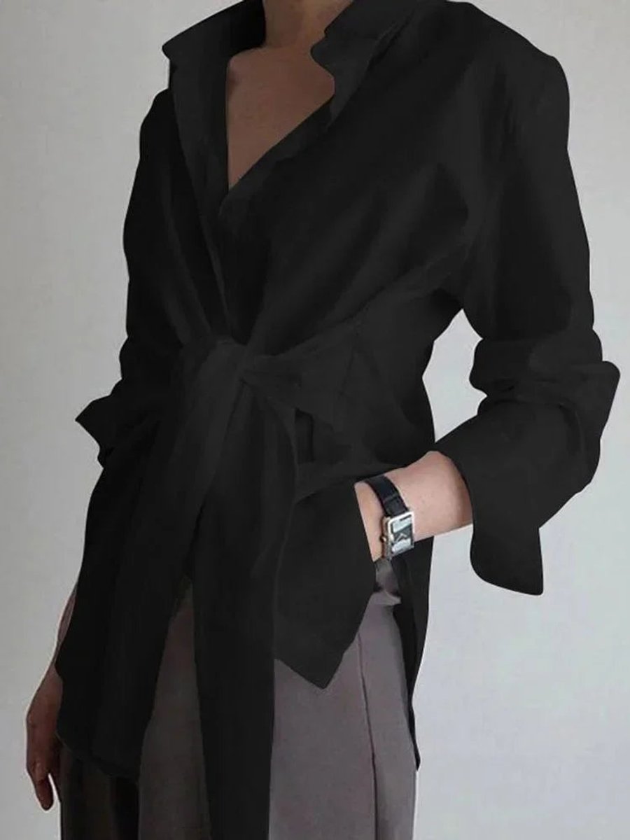 Women's Oversized Long-Sleeve Tie-Front Blouse