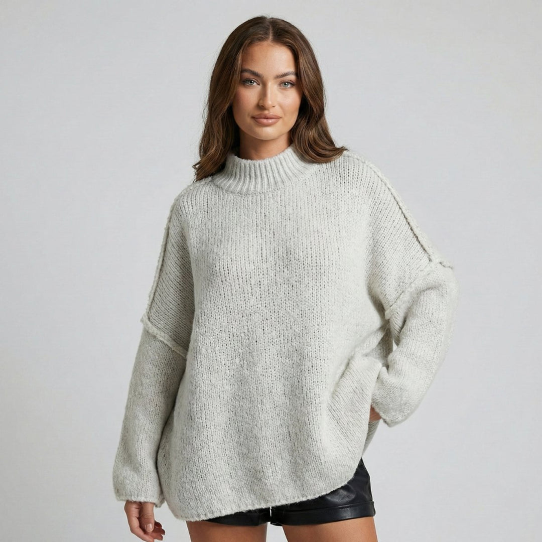 Women's Oversized Mock-Neck Knitted Jumper Chunky Rib