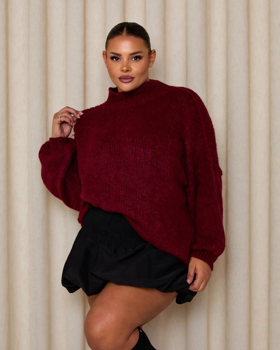 Women's Oversized Mock-Neck Knitted Jumper Chunky Rib