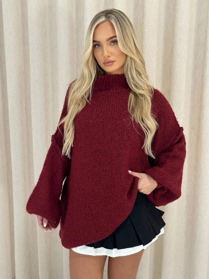 Women's Oversized Mock-Neck Knitted Jumper Chunky Rib