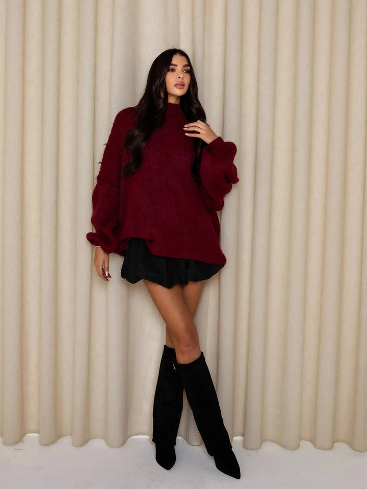 Women's Oversized Mock-Neck Knitted Jumper Chunky Rib
